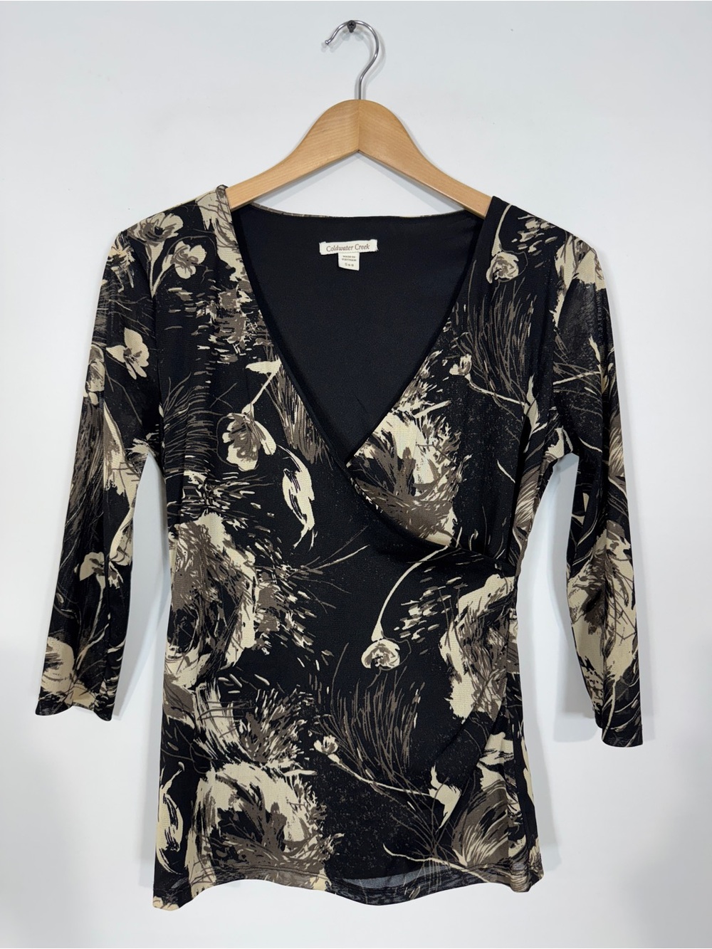 WSH108 {Coldwater Creek} Black Brown Floral Print Long Sleeve Wrap Front Shirt